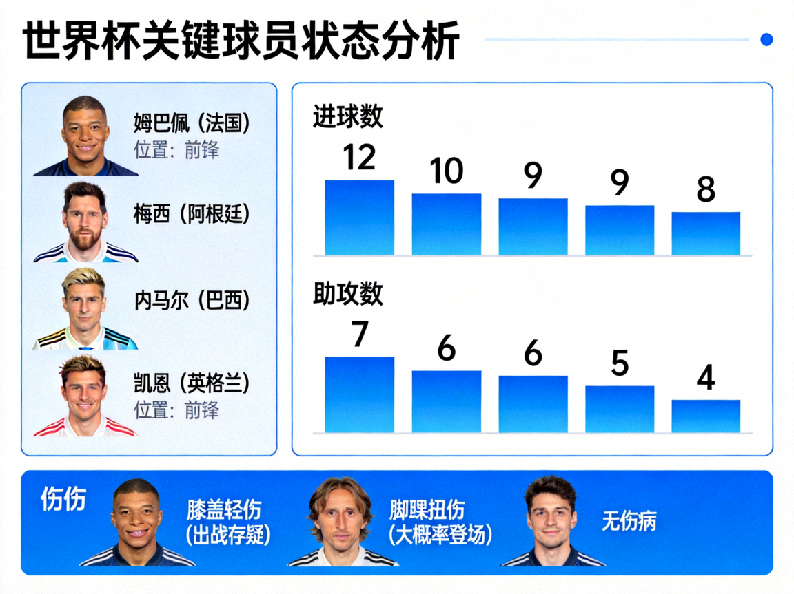 世界杯关键球员状态分析，包括进球、助攻、伤病情况