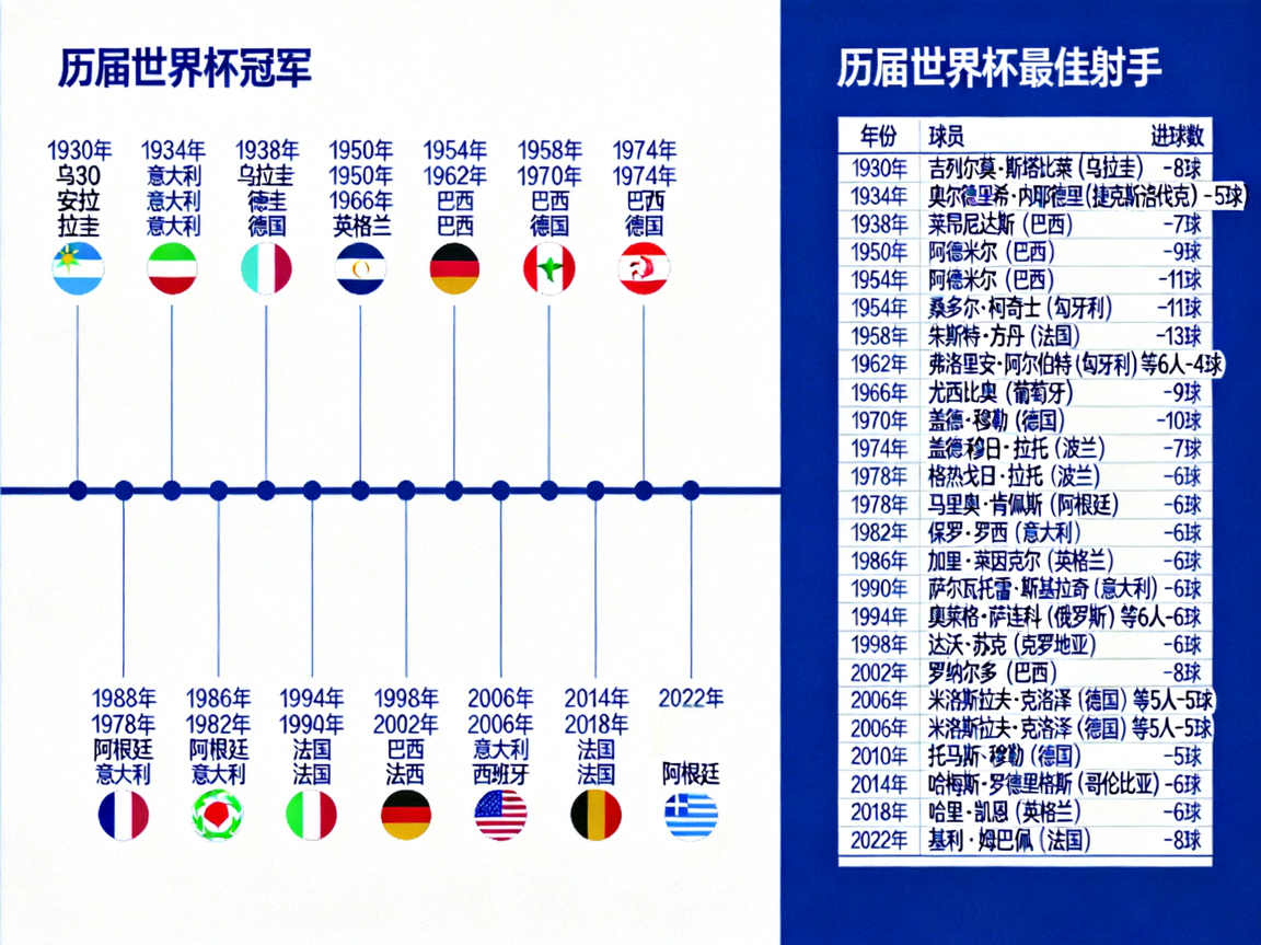 世界杯历史数据统计图表，包括历届冠军、最佳射手等