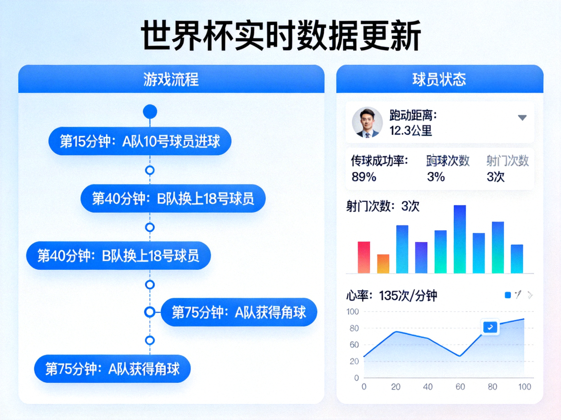 世界杯实时数据更新图表，包括比赛进程、球员状态等